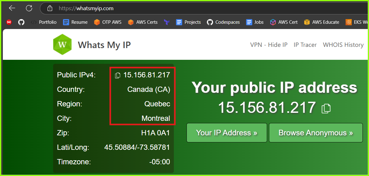 Public IP address showing Canada